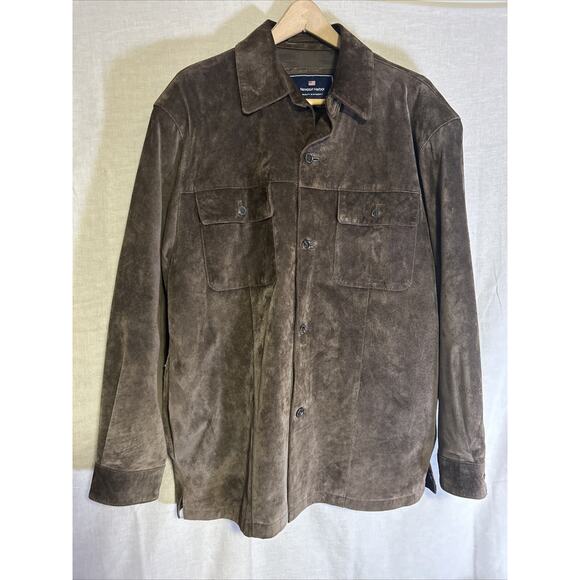 Newport Harbor Mens Suede Jacket Brown Washable Coat Button Up Lined Pockets L - Picture 1 of 9